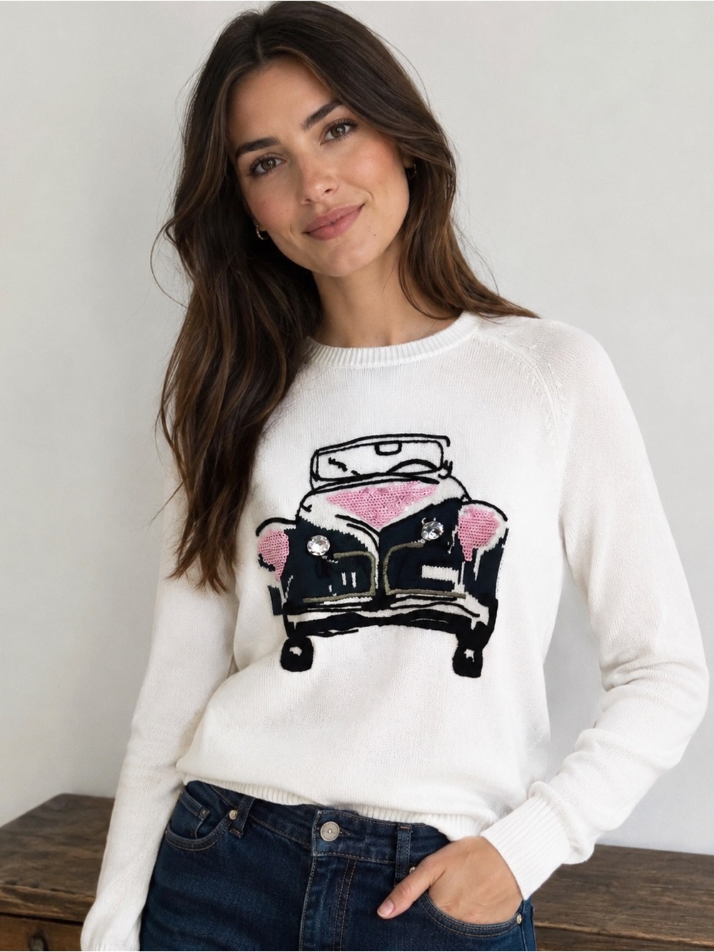 MAX&Co. Dottrina Embellished Vintage Car Wool Sweater Cream Sz Medium